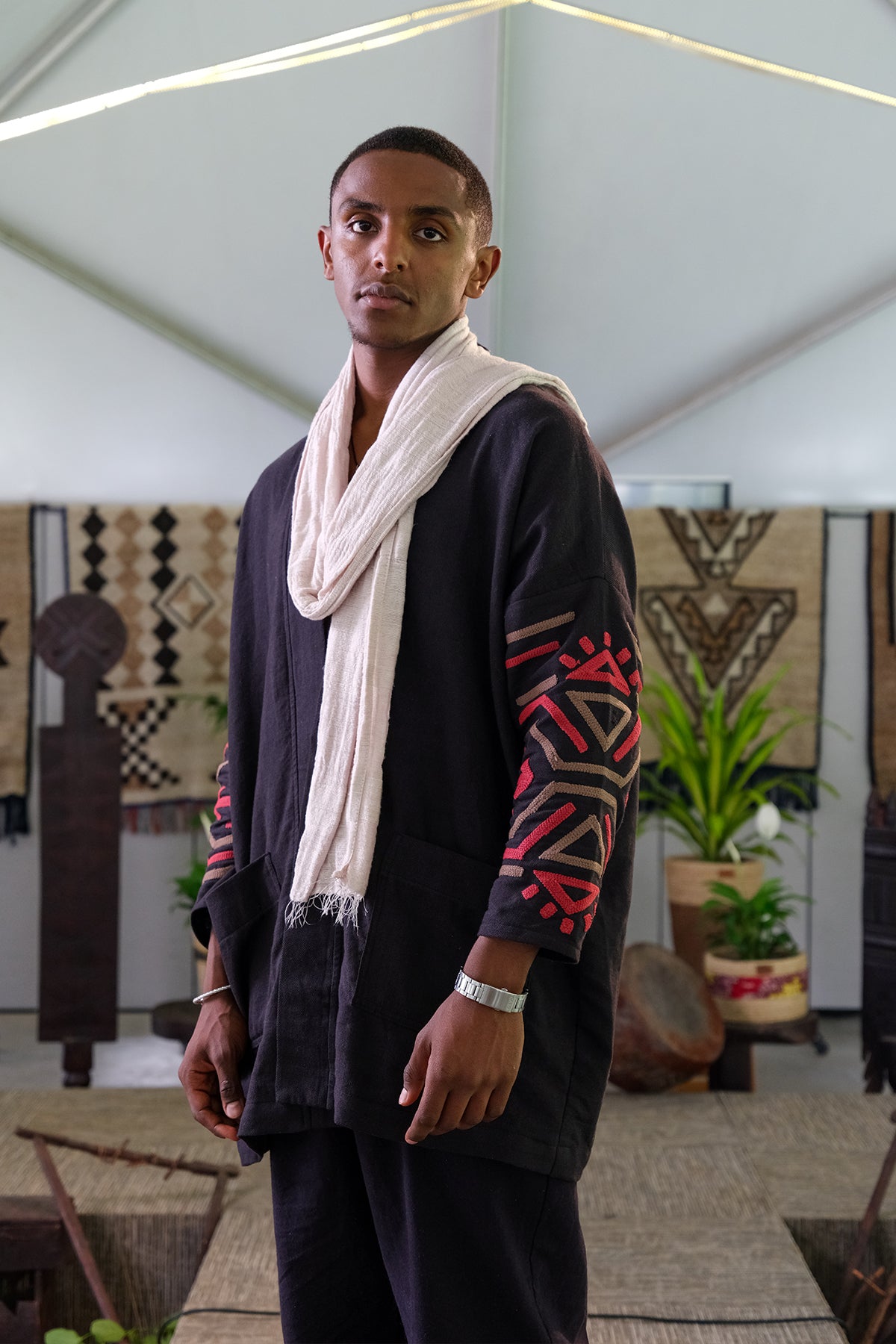 Modern Elegance: Black Free-Size Shirt & Trouser Set with Ethiopian Embroidery