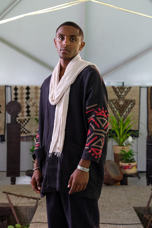 Modern Elegance: Black Free-Size Shirt & Trouser Set with Ethiopian Embroidery
