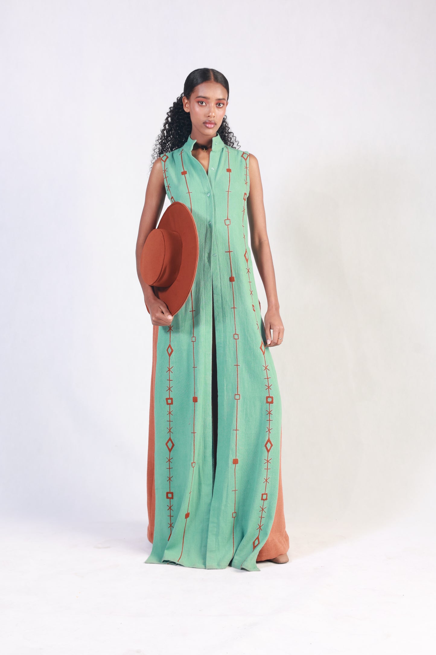 Sonia Embroidered Long Sleeveless Shirt  and Brown Trouser set – Ethiopian Elegance