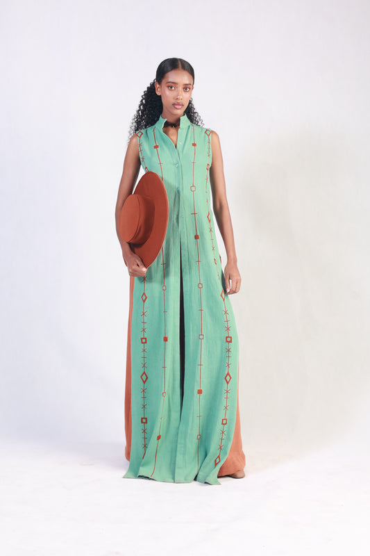 Sonia Embroidered Long Sleeveless Shirt  and Brown Trouser set – Ethiopian Elegance
