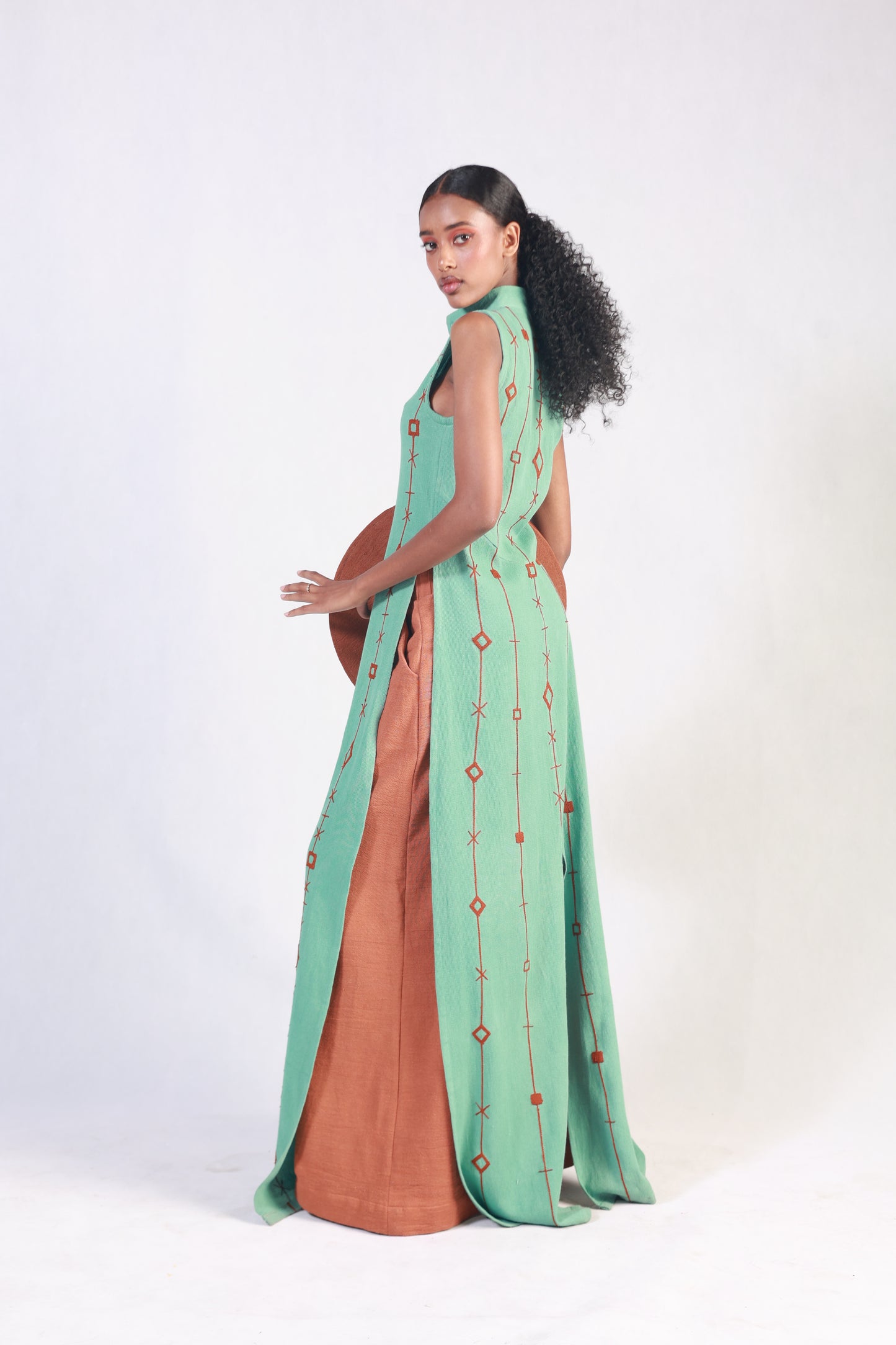 Sonia Embroidered Long Sleeveless Shirt  and Brown Trouser set – Ethiopian Elegance