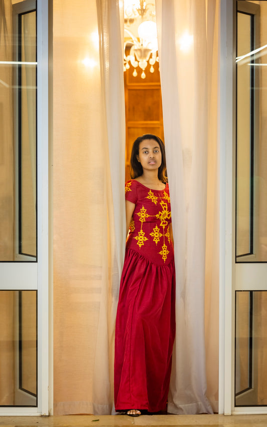 Red Embroidered Maxi Dress – Regal Radiance