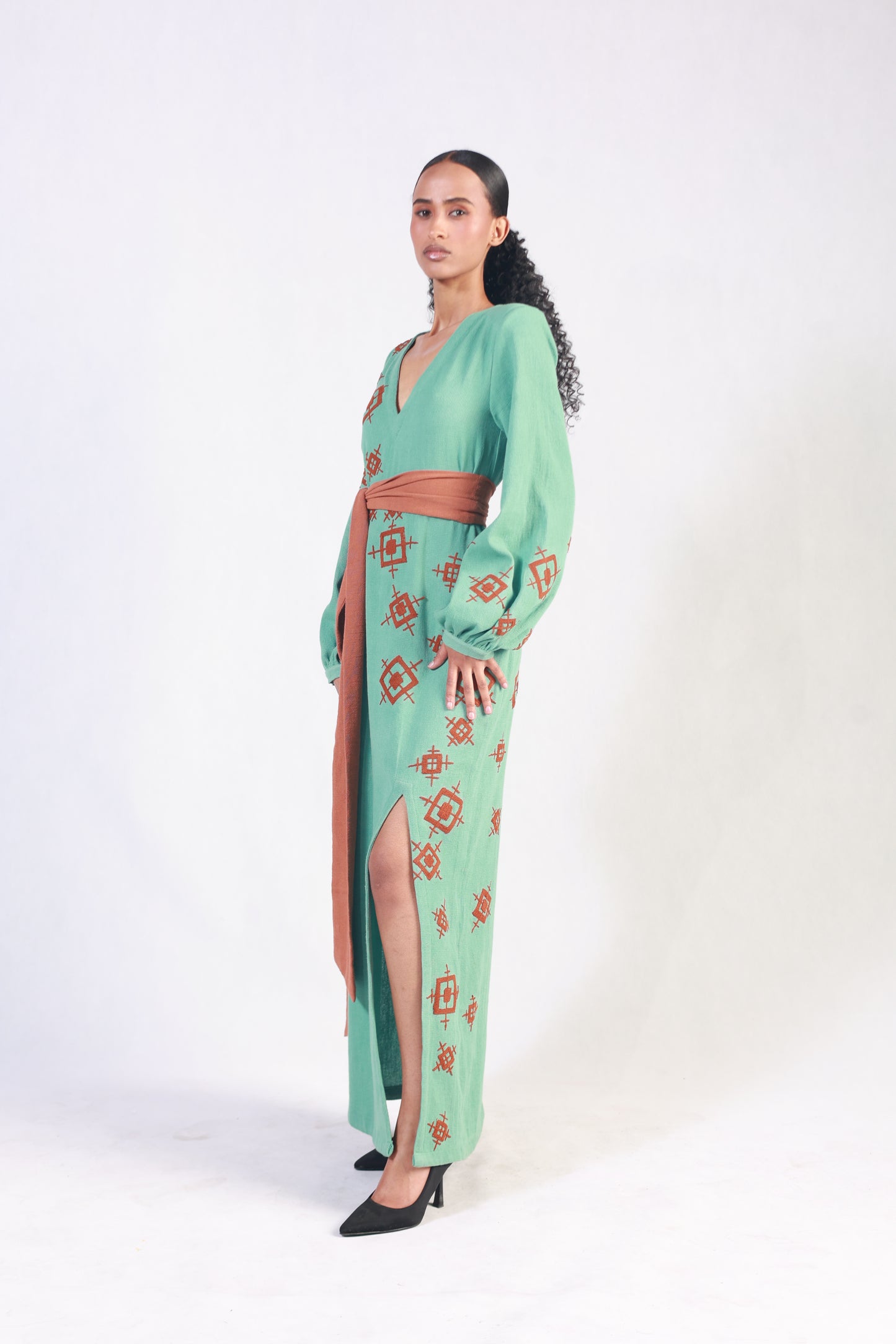 Turquoise Dress with brown Embroidery,Ethiopian