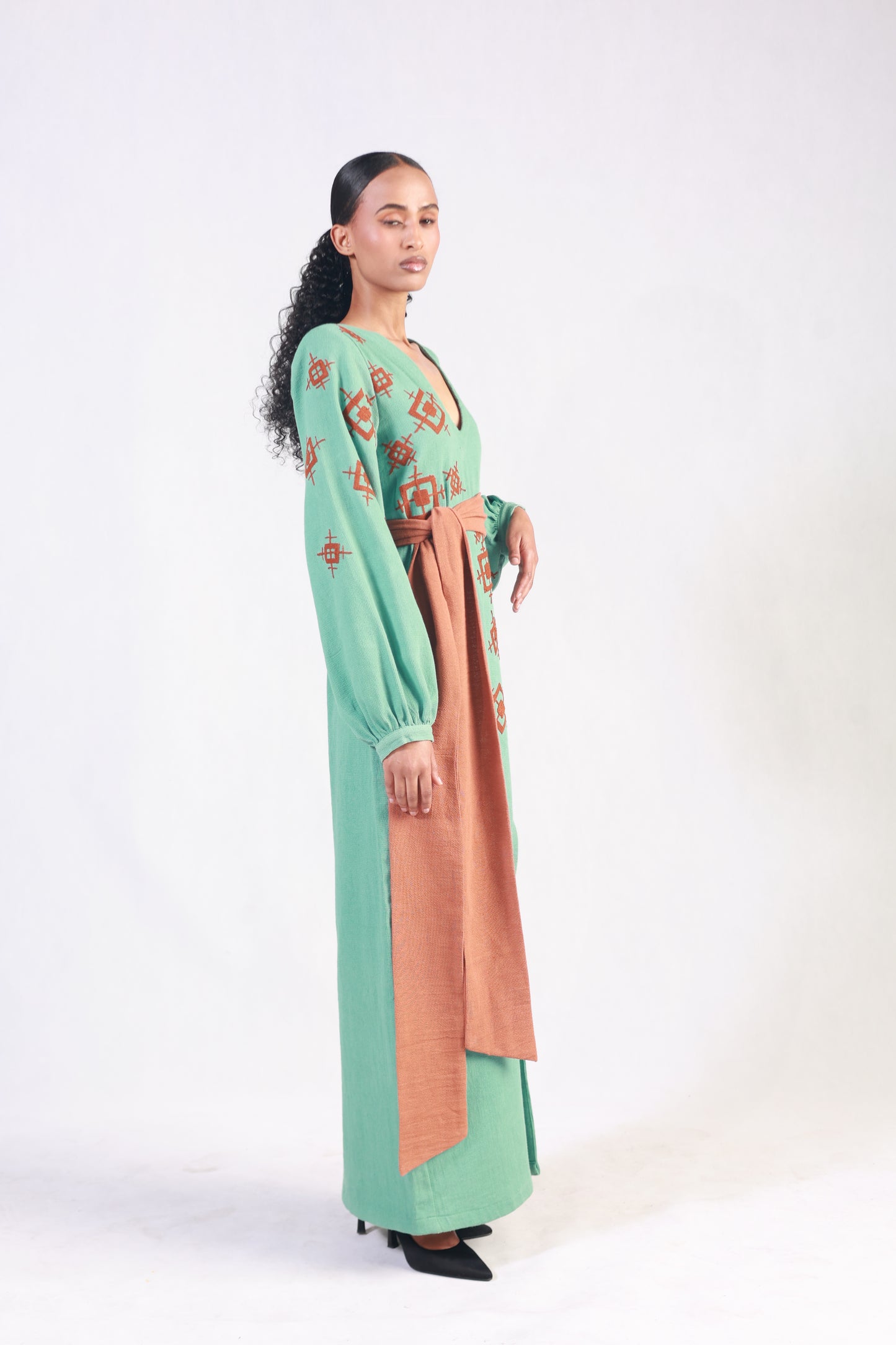 Turquoise Dress with brown Embroidery,Ethiopian