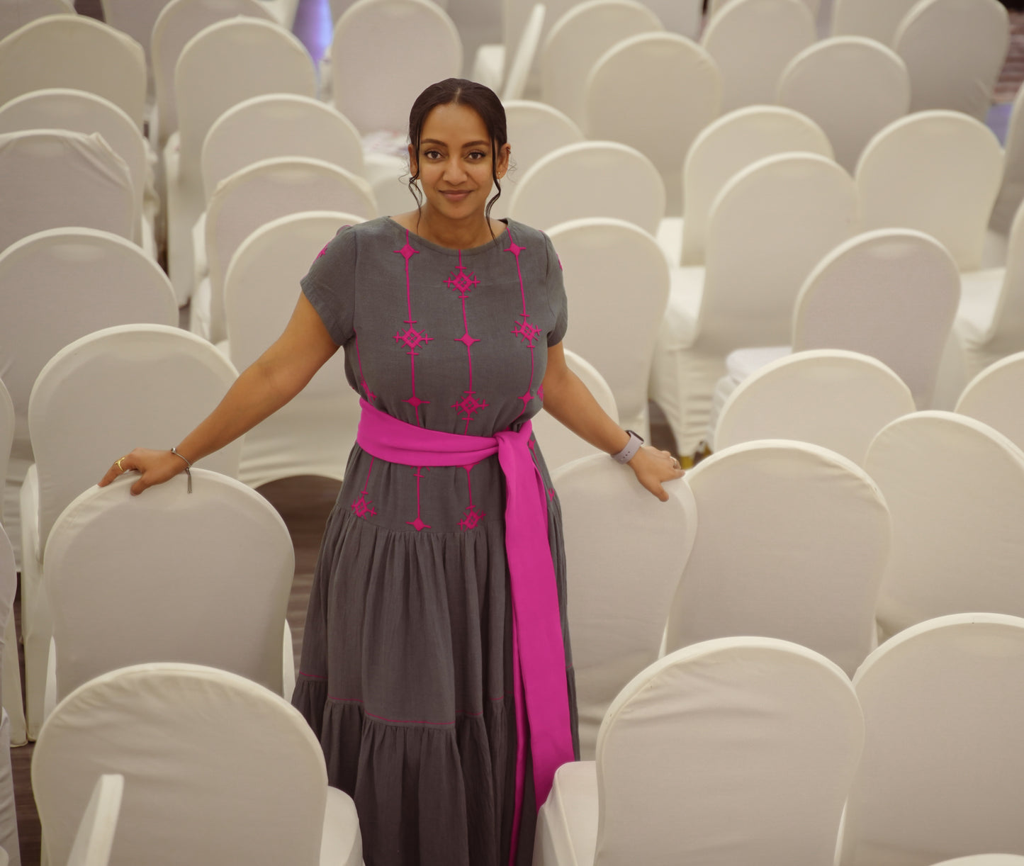 Majestic Grace : Elegant Gray Ethiopian Dress with Regal Purple Embroidery and Belt