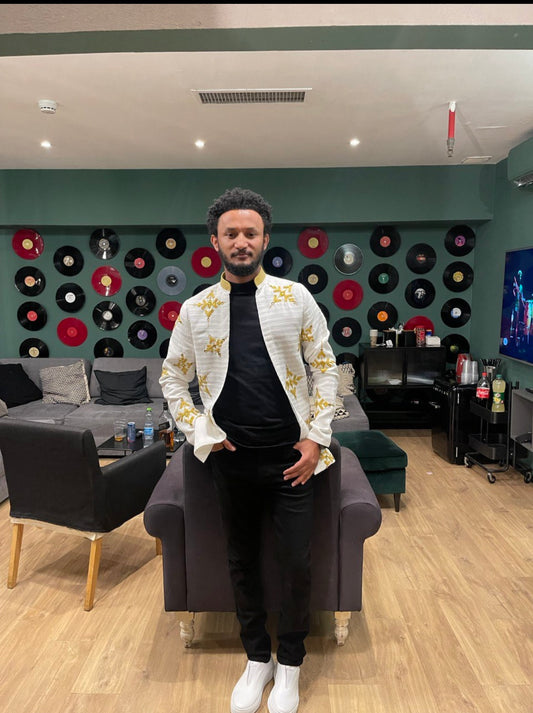 Ethiopian Elegance: Golden Embroidered Men's Long Sleeve T-Shirt with Habesha Libs