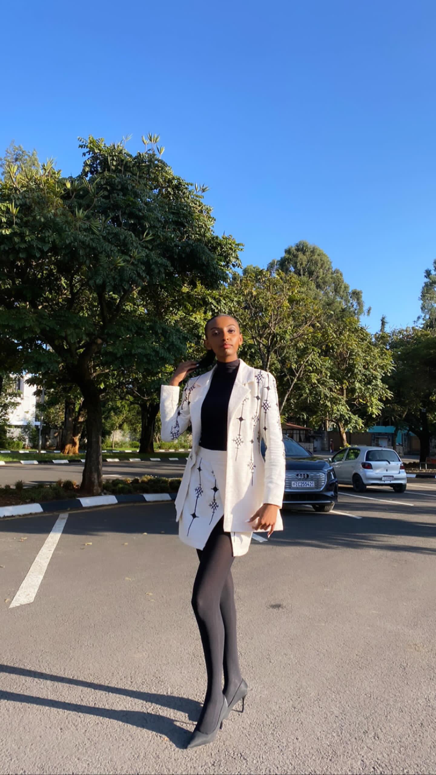 Ethiopian Elegance: Handwoven Habesha Coat & Skirts with Black Cross Embroidery