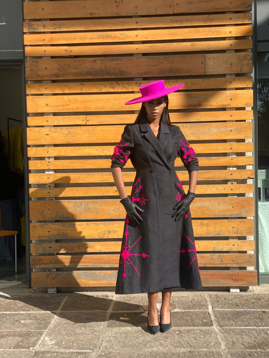 Elegant Long Coat with Pink Embroidery and Matching Hat