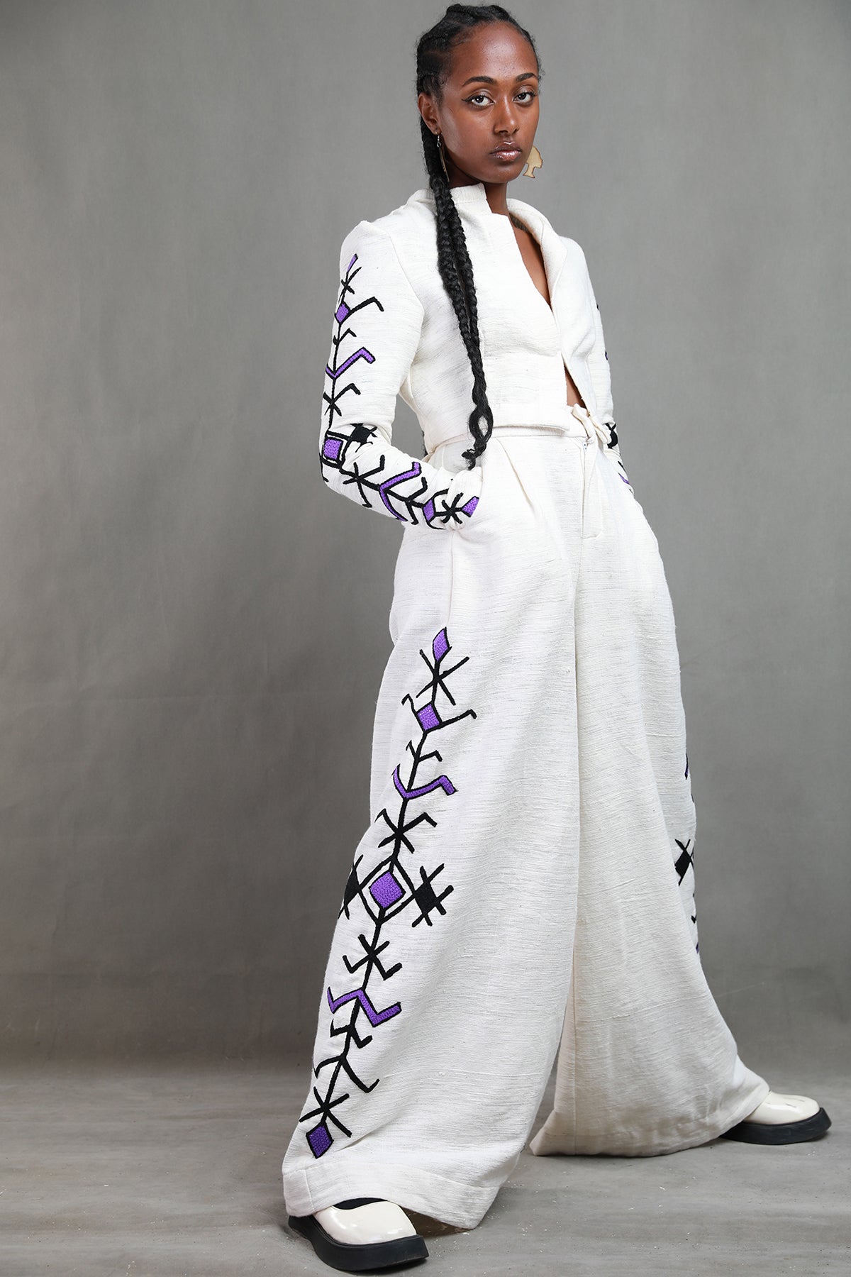 Black with Purple Design Crop top coat with trouser Habesha Libs , Modern Ethiopian Cloth