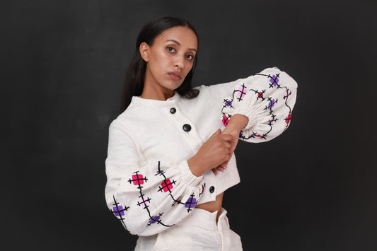 Handwoven Habesha Libs  crop top and pant, Ethiopian Modern Cloth