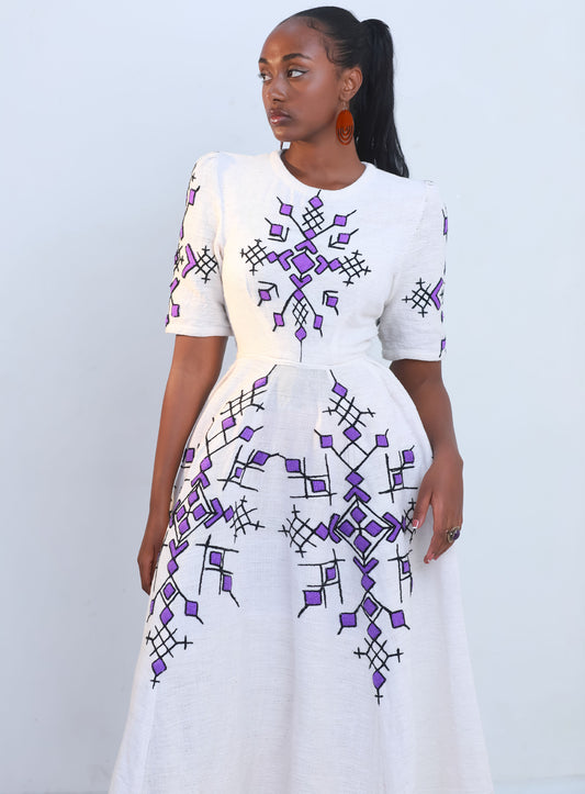 Purple Design Modern Habesha Dress, Ethiopian Kemis