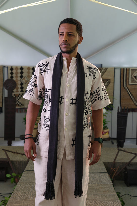 Elegant Heritage: Stylish Men's Habesha Fetil Fabric Outfit with Black Embroidery