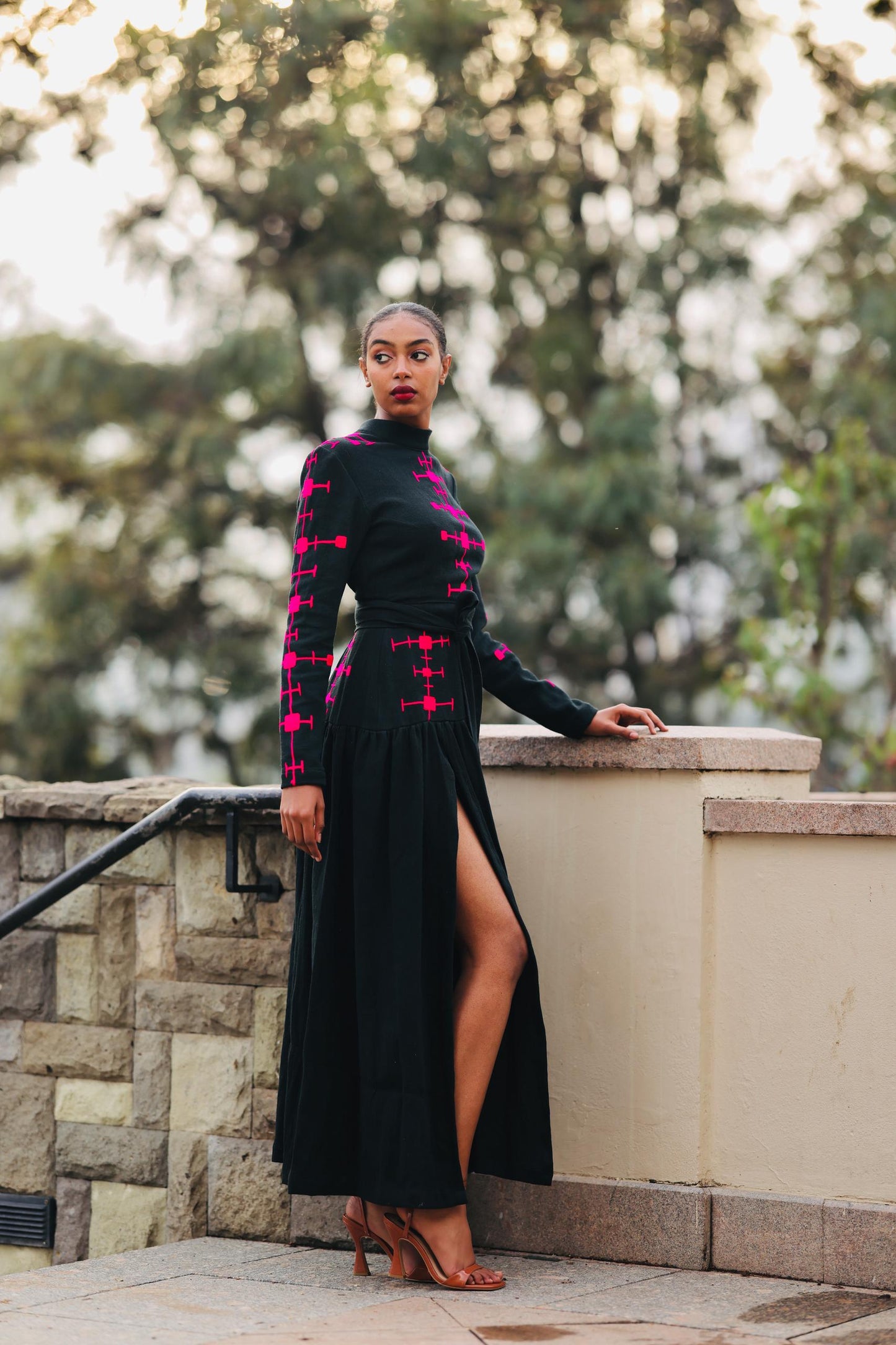 Modern Ethiopian Two-Piece Set – Skirt & Tie-Up Top with Black and Hot Pink Embroidery