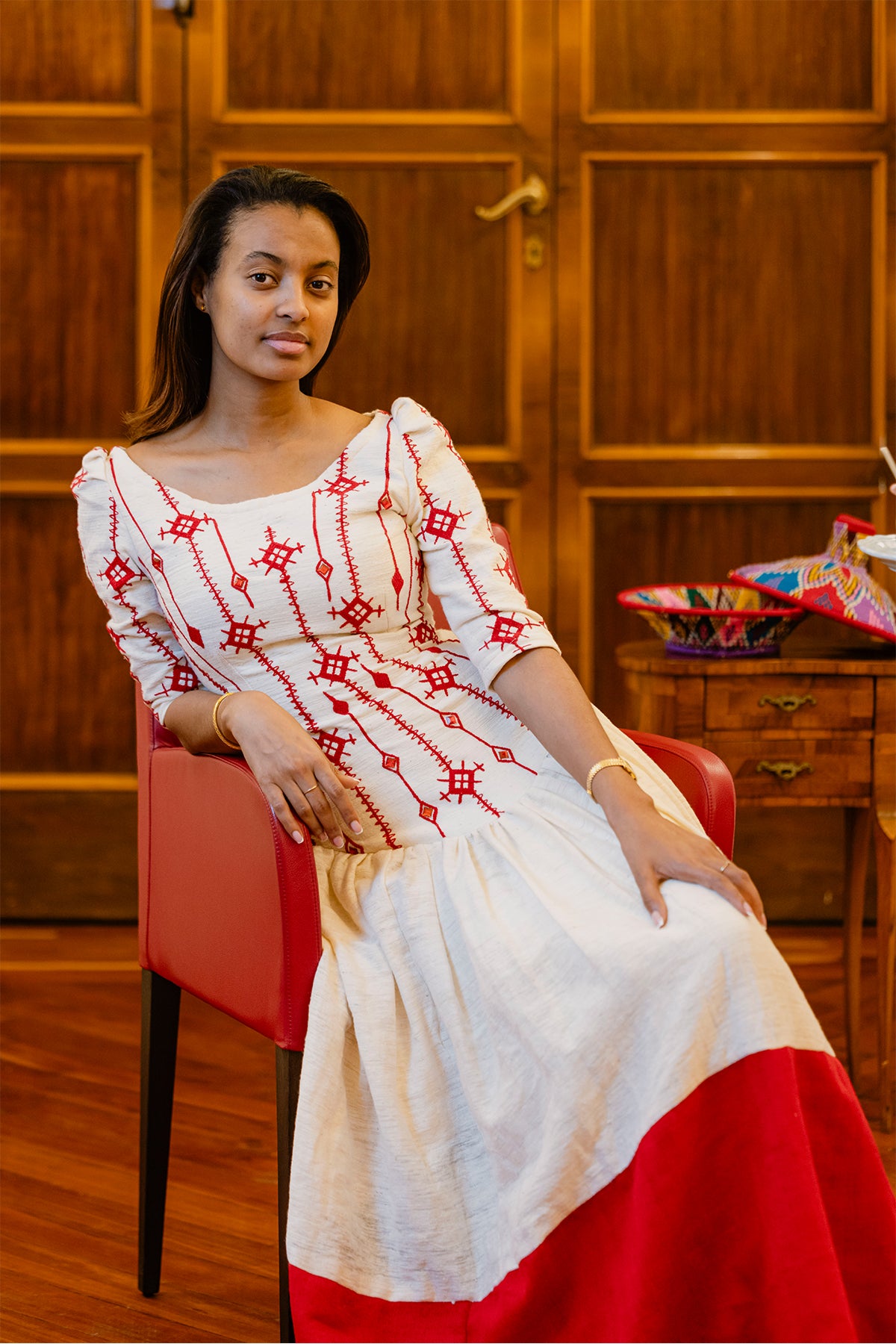 Royal Elegance: Embroidered Red Slim Fit Ethiopian Dress